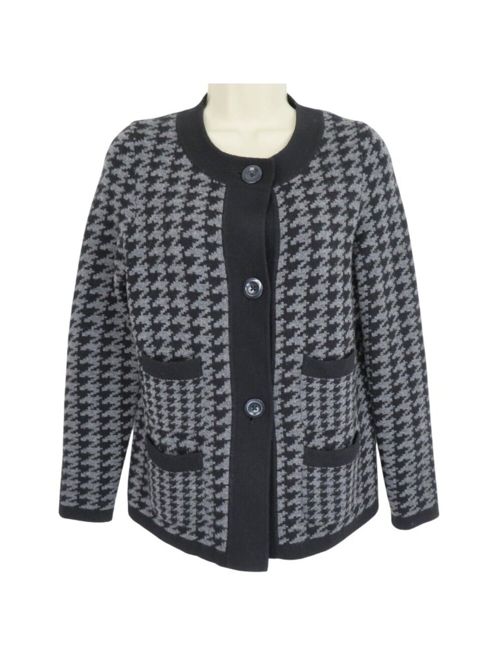 Belford Womens Small Cashmere Houndstooth Gray Black Button Cardigan Sweater